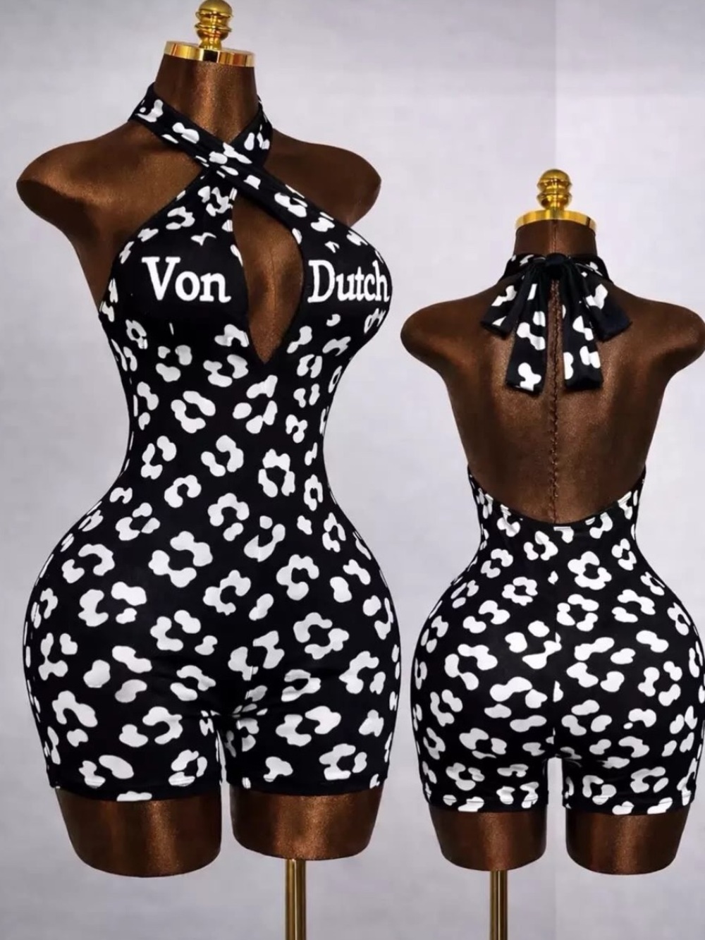 Von Dutch Black & White Leopard Print Halter Romper
